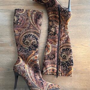 Vintage Bronx Paisley Velvet Knee-High Stiletto Boots - Brown Multi Size 6.5